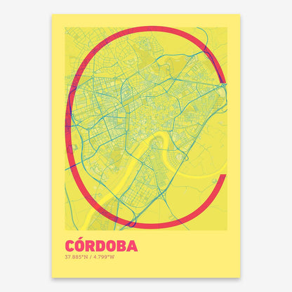 The map of Cordoba composed with letters in extra light font printed on yellow and fuchsia