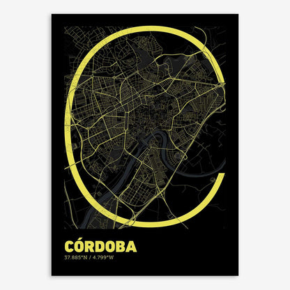 The map of Cordoba composed with letters in extra light font printed on black and yellow