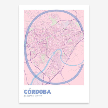 The map of Cordoba composed with letters in extra light font printed on pink and light blue