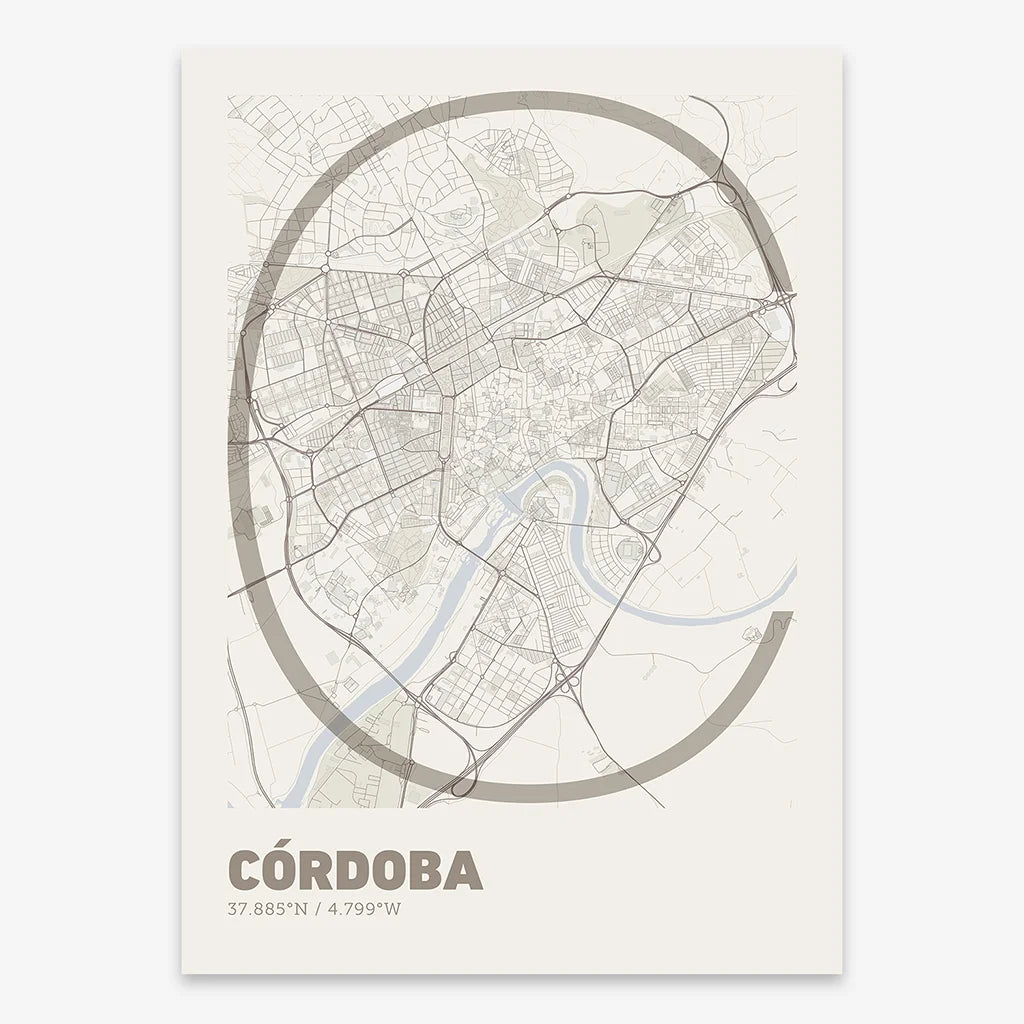 Poster of Cordoba composed with letters in extra light font printed on light brown and an off-white background