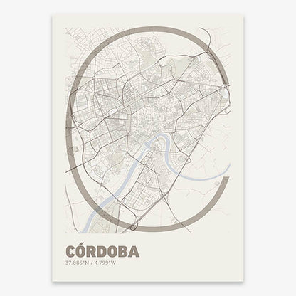 Poster of Cordoba composed with letters in extra light font printed on light brown and an off-white background