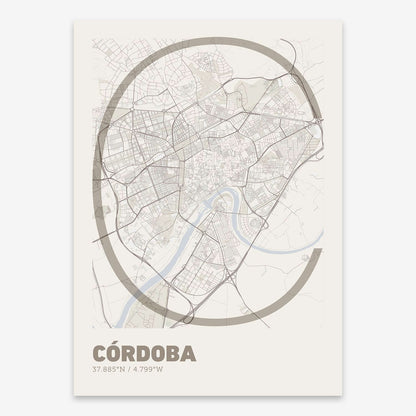 The map of Cordoba composed with letters in extra light font printed on light brown and an off-white background