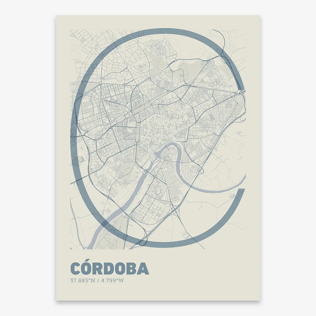 Poster of Cordoba composed with letters in extra light font printed on bluish gray and an off-white background
