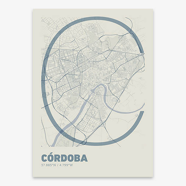 Poster of Cordoba composed with letters in extra light font printed on bluish gray and an off-white background