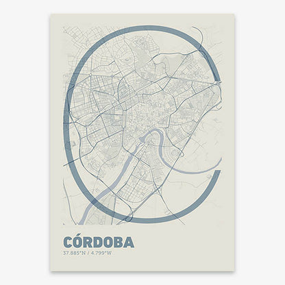 Poster of Cordoba composed with letters in extra light font printed on bluish gray and an off-white background