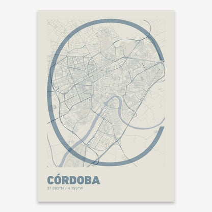 The map of Cordoba composed with letters in extra light font printed on bluish gray and an off-white background
