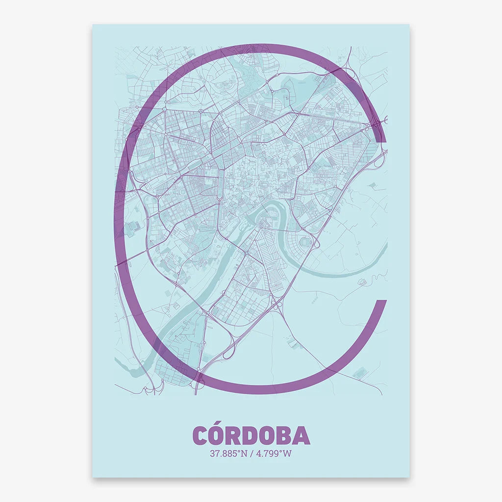 Poster of Cordoba composed with letters in extra light font printed on purple and light blue