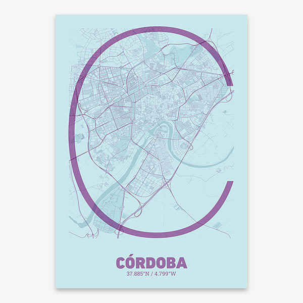 Poster of Cordoba composed with letters in extra light font printed on purple and light blue
