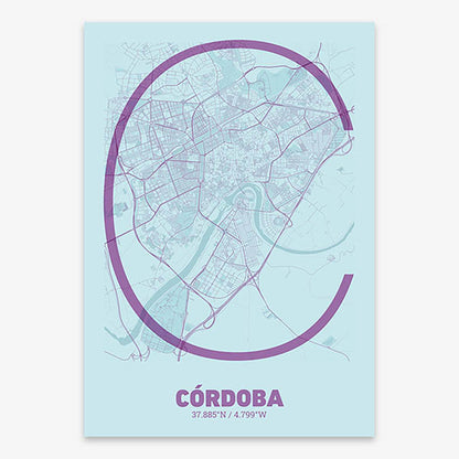 Poster of Cordoba composed with letters in extra light font printed on purple and light blue