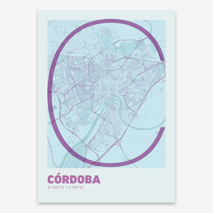 The map of Cordoba composed with letters in extra light font printed on purple and light blue