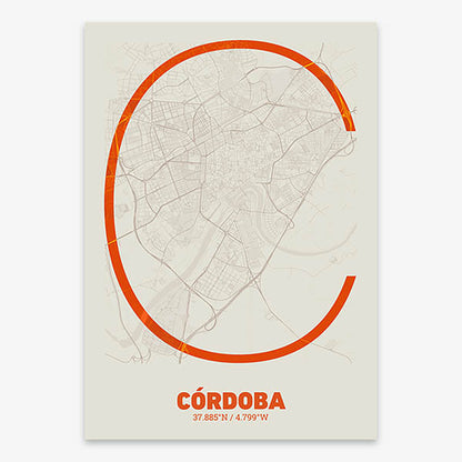 Poster of Cordoba composed with letters in extra light font printed on orange and an off-white background