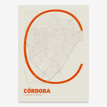The map of Cordoba composed with letters in extra light font printed on orange and an off-white background