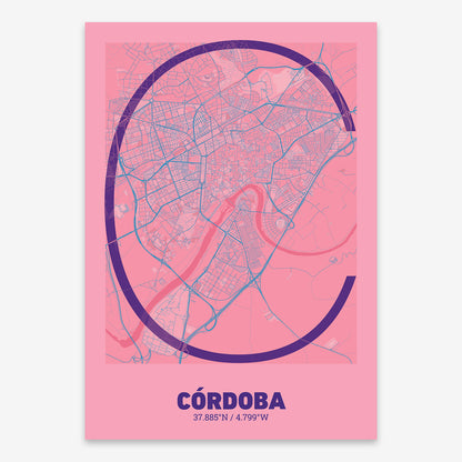 The map of Cordoba composed with letters in extra light font printed on violet y pink background