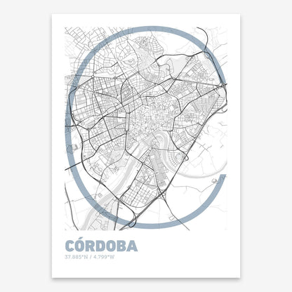 The map of Cordoba composed with letters in extra light font printed on black and white