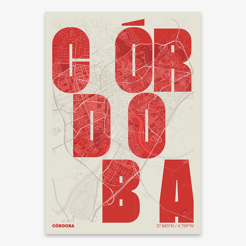 Mapa de Córdoba en el diseño la Revoltosa, donde las letras del nombre aparecen aleatoriamente en diferentes líneas para un diseño urbano realmente original diseñado en rojo y fondo blanco roto