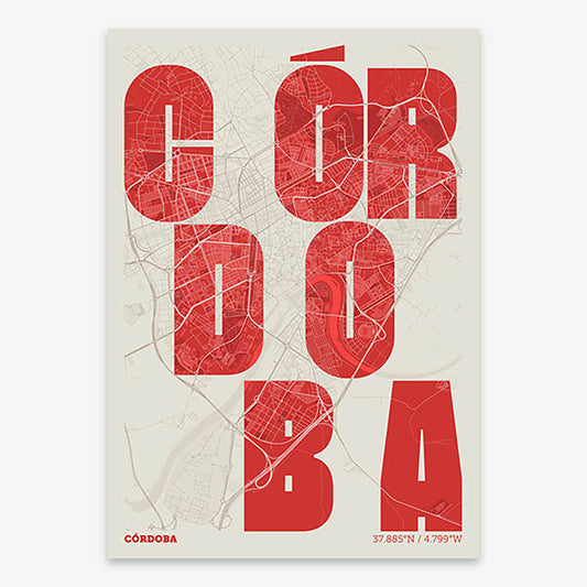 Decorative print of Cordoba with letters of its name placed randomly, designed in red and an off-white background