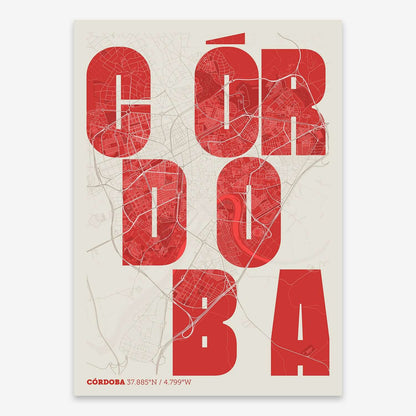 The map of Cordoba with letters of its name placed randomly, designed in red and an off-white background