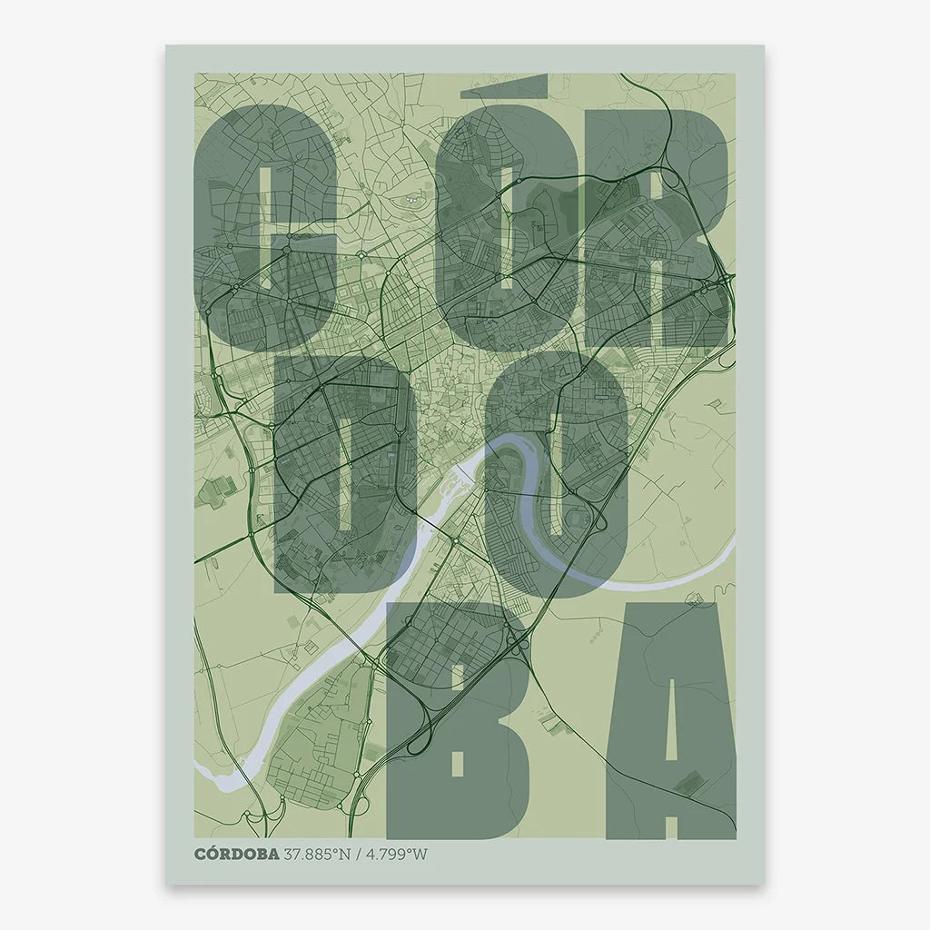 Decorative print of Cordoba with letters of its name placed randomly, designed in two green tones