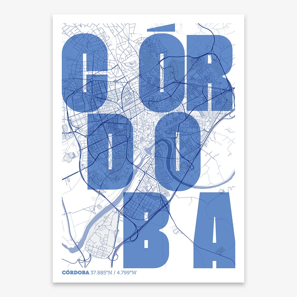 Decorative print of Cordoba with letters of its name placed randomly, designed in navy blue and white