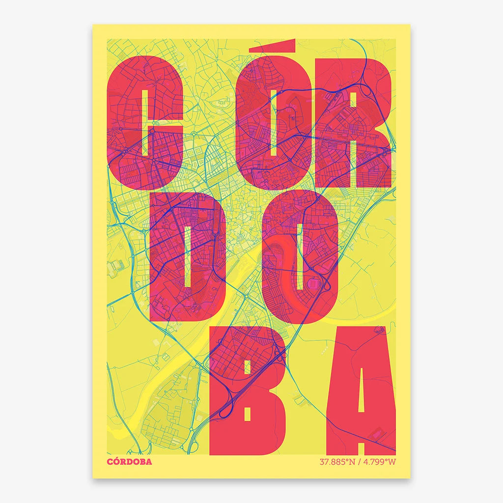 Decorative print of Cordoba with letters of its name placed randomly, designed in yellow and fuchsia