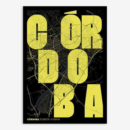 The map of Cordoba with letters of its name placed randomly, designed in black and yellow