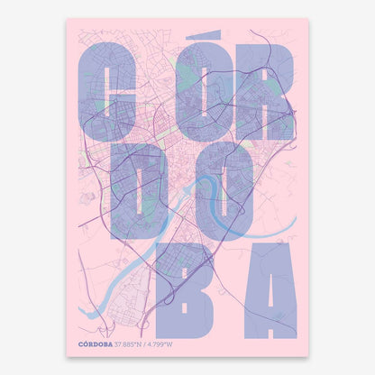 The map of Cordoba with letters of its name placed randomly, designed in pink and light blue