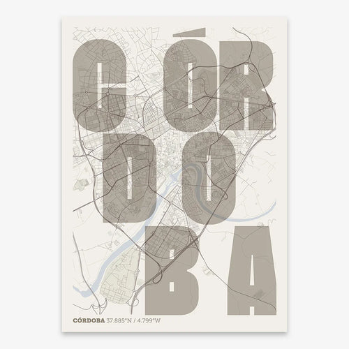 Mapa de Córdoba en el diseño la Revoltosa, donde las letras del nombre aparecen aleatoriamente en diferentes líneas para un diseño urbano realmente original diseñado en marrón claro y fondo blanco roto