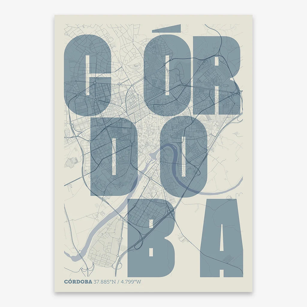 Decorative print of Cordoba with letters of its name placed randomly, designed in bluish gray and an off-white background