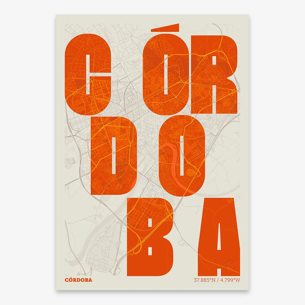 Decorative print of Cordoba with letters of its name placed randomly, designed in orange and an off-white background