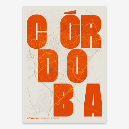 The map of Cordoba with letters of its name placed randomly, designed in orange and an off-white background