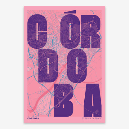 The map of Cordoba with letters of its name placed randomly, designed in violet y pink background