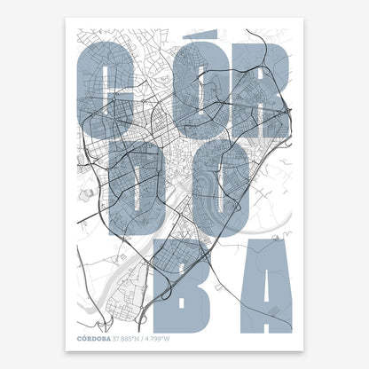 The map of Cordoba with letters of its name placed randomly, designed in black and white