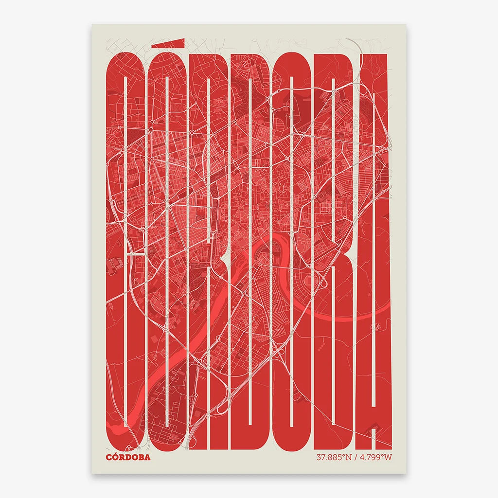 Decorative map of Cordoba and letters of its name in a giclée print designed in red and an off-white background