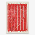 Decorative map of Cordoba and letters of its name in a giclée print designed in red and an off-white background
