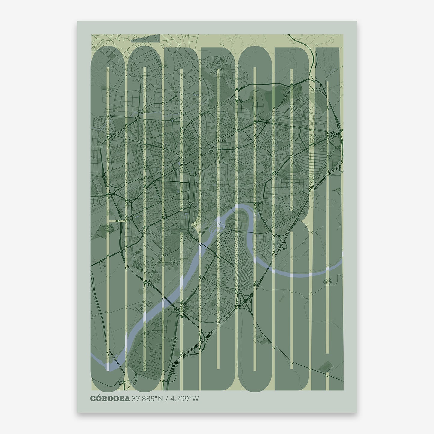 The map of Cordoba and letters of its name in a giclée print designed in two green tones