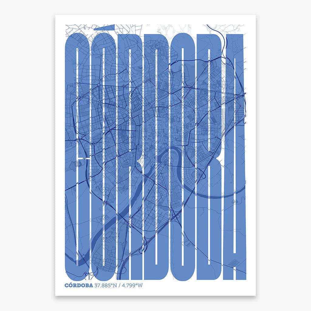 Decorative map of Cordoba and letters of its name in a giclée print designed in navy blue and white
