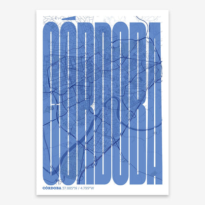 The map of Cordoba and letters of its name in a giclée print designed in navy blue and white