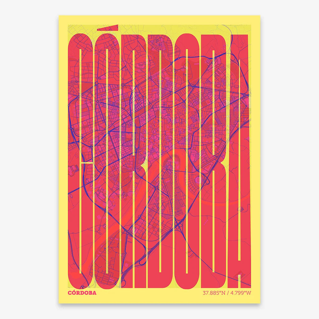 Decorative map of Cordoba and letters of its name in a giclée print designed in yellow and fuchsia