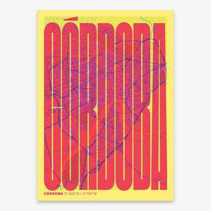 The map of Cordoba and letters of its name in a giclée print designed in yellow and fuchsia