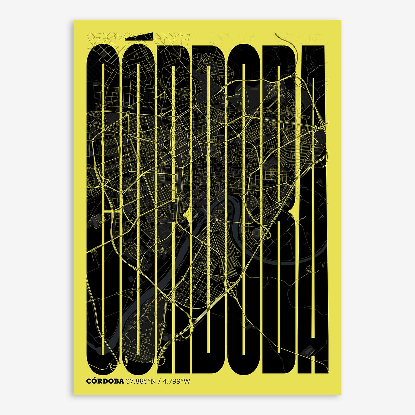 The map of Cordoba and letters of its name in a giclée print designed in black and yellow