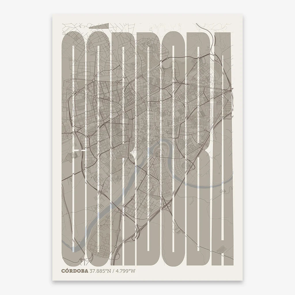 Decorative map of Cordoba and letters of its name in a giclée print designed in light brown and an off-white background