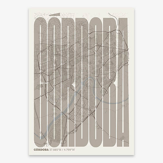 Decorative map of Cordoba and letters of its name in a giclée print designed in light brown and an off-white background