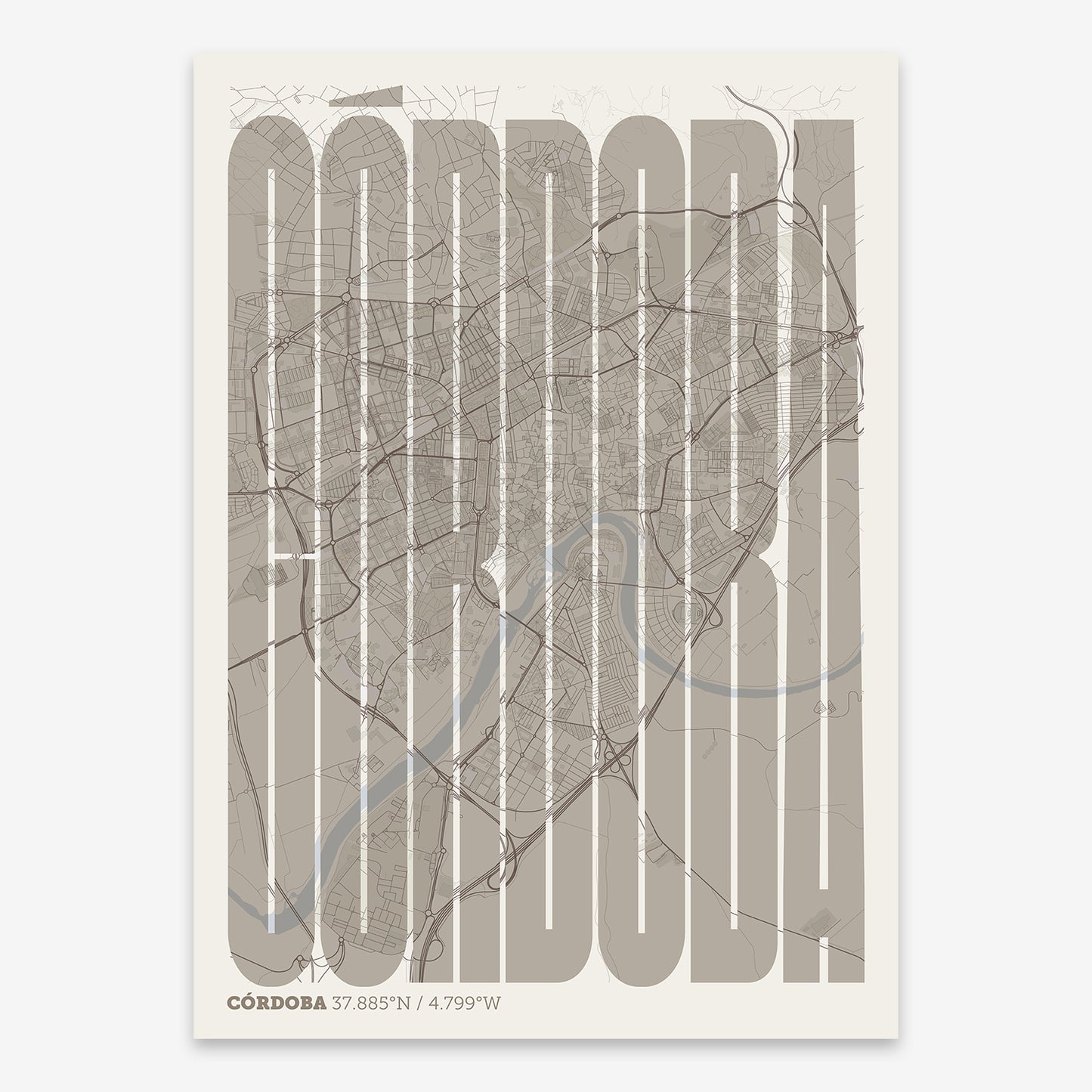 The map of Cordoba and letters of its name in a giclée print designed in light brown and an off-white background