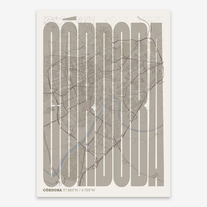 The map of Cordoba and letters of its name in a giclée print designed in light brown and an off-white background
