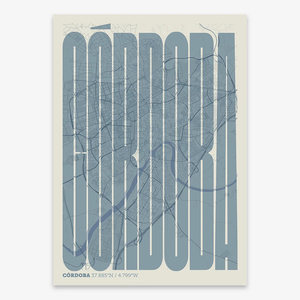 Decorative map of Cordoba and letters of its name in a giclée print designed in bluish gray and an off-white background