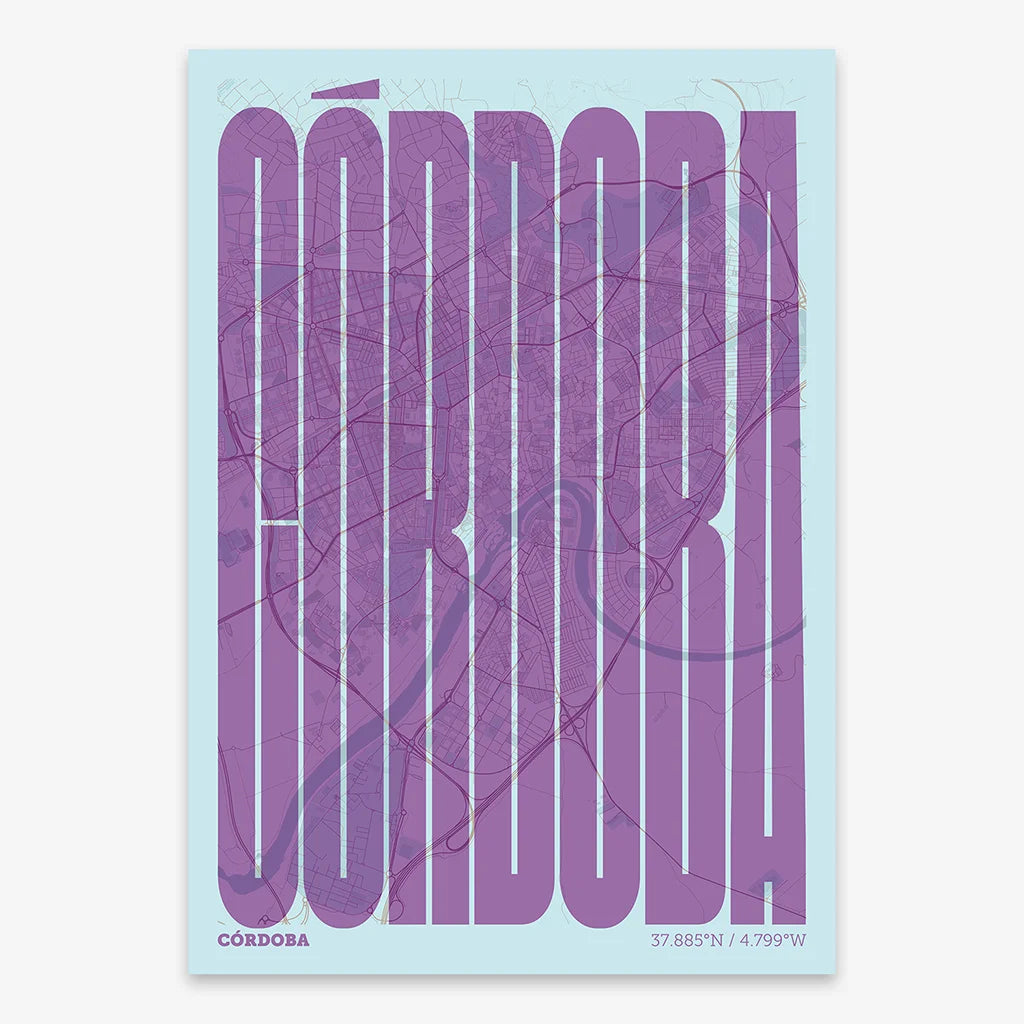 Decorative map of Cordoba and letters of its name in a giclée print designed in purple and light blue