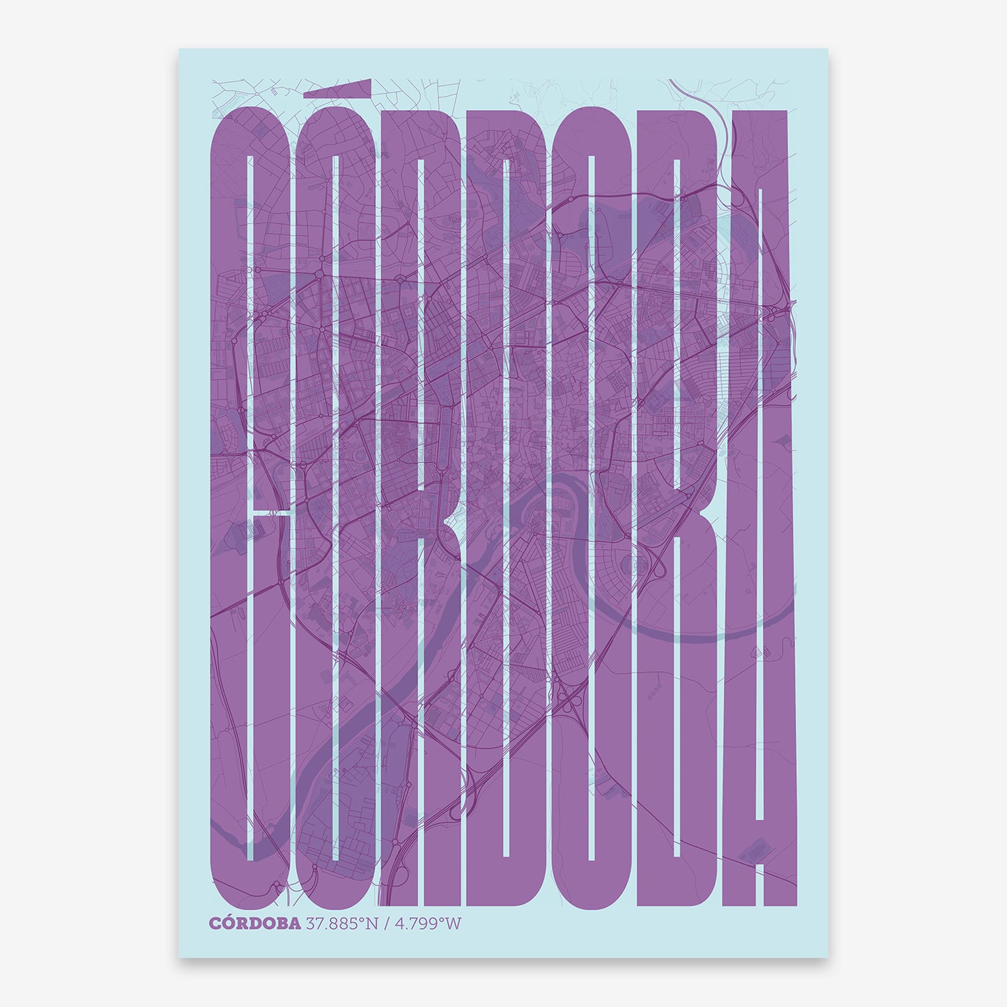 The map of Cordoba and letters of its name in a giclée print designed in purple and light blue