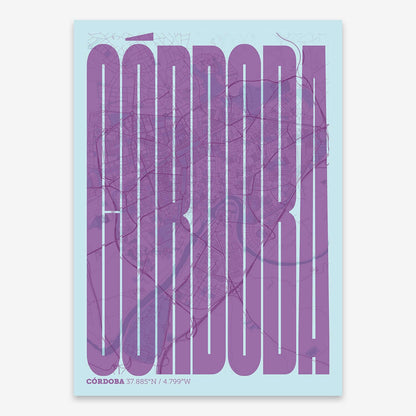 The map of Cordoba and letters of its name in a giclée print designed in purple and light blue