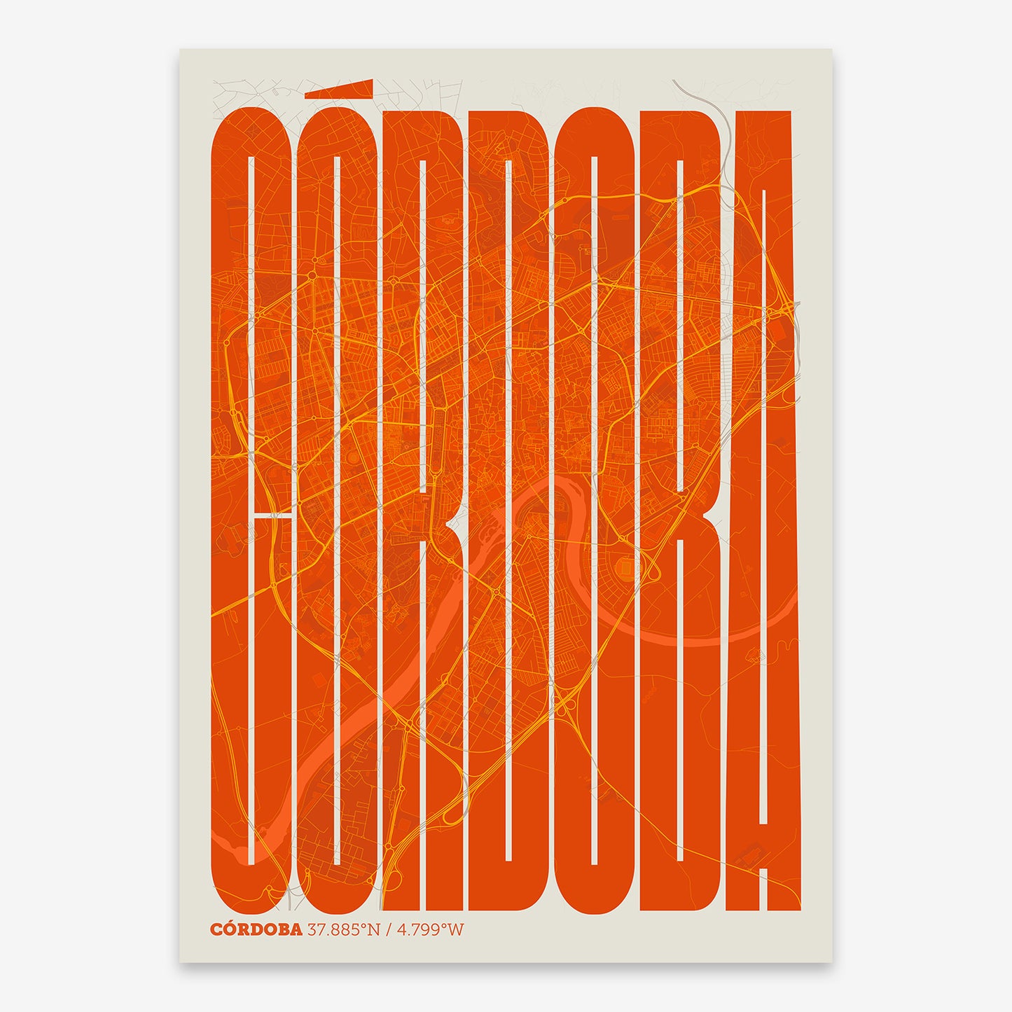 The map of Cordoba and letters of its name in a giclée print designed in orange and an off-white background