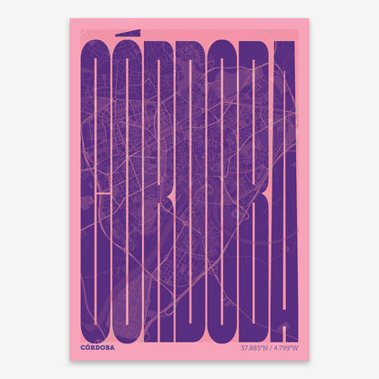 The map of Cordoba and letters of its name in a giclée print designed in violet y pink background